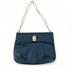 Vintage Navy Blue Leather Shoulder Bag w/ Gold Chain Strap & Owl Decoration
